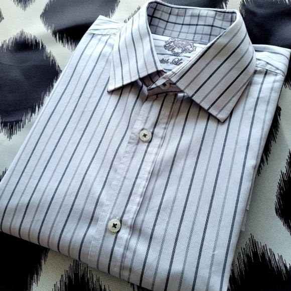 English Laundry Men's Dress Shirt, White & Black/Gray Stripes, 100% Cotton. - Picture 6 of 12